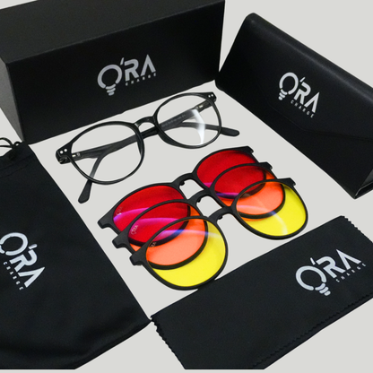 ORA Charge Round Clip On Blue Blocking Glasses - Black Frame