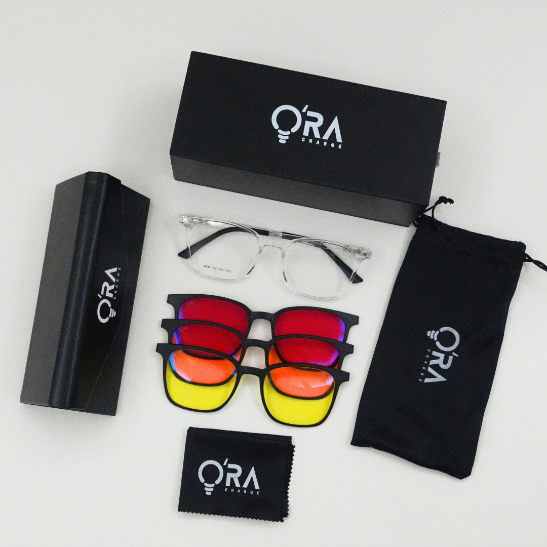 ORA Charge Square Clip On Blue Blocking Glasses - Transperant Frame