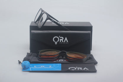 ORA Charge Square Clip On Blue Blocking Glasses - Black Frame