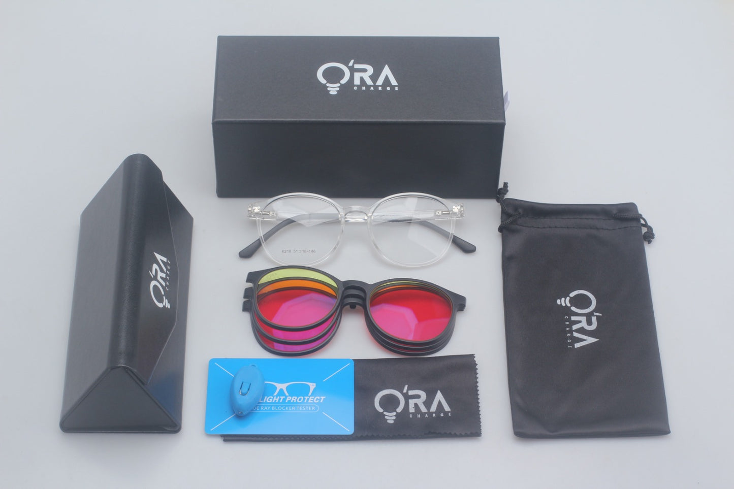 ORA Charge Round Clip On Blue Blocking Glasses - Transperant Frame